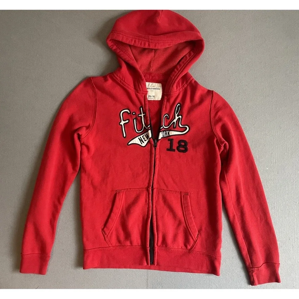 Abercrombie & Fitch 14/16 Kids Zip Hoodie Sweatshirt‎ Red Y2K NY Holiday Unisex